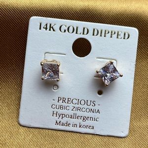 14k Gold Dipped CZ Hypoallergenic Princess Cut Diamond Earring Set